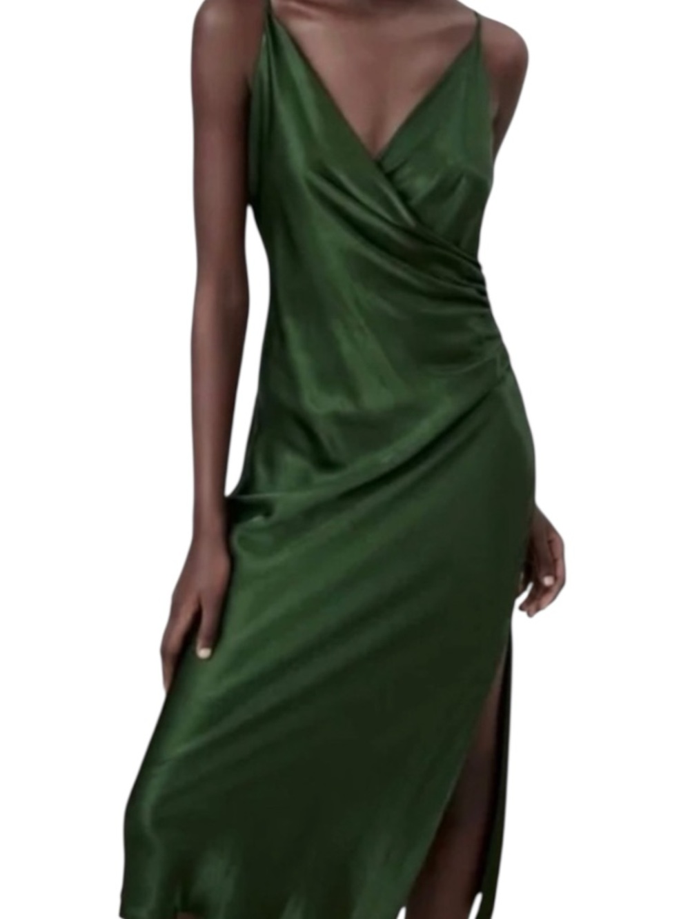 Zara Emerald Green Satin V Neck Draped Camisole Neck Ruched Slip MIDI Dress NWT